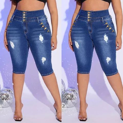 2023 Slim Elastic Perforated Oversized High Waist Denim Capris Women