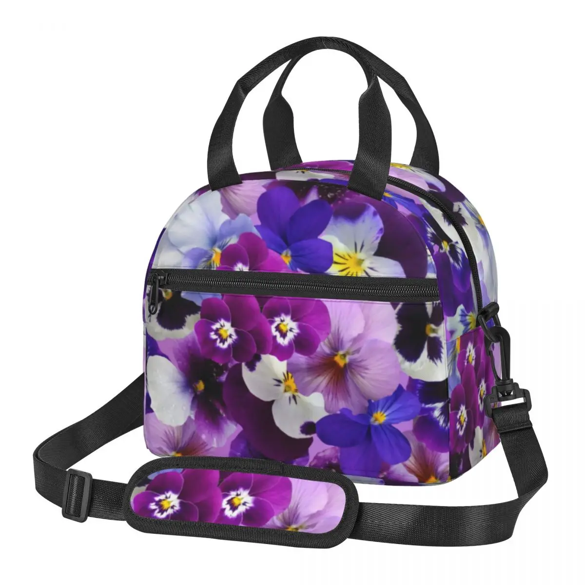 

Purple Flower Power Lunch Bag with Handle Pretty Print Pearl Cotton Cooler Bag Cool Zipper Car Thermal Bag