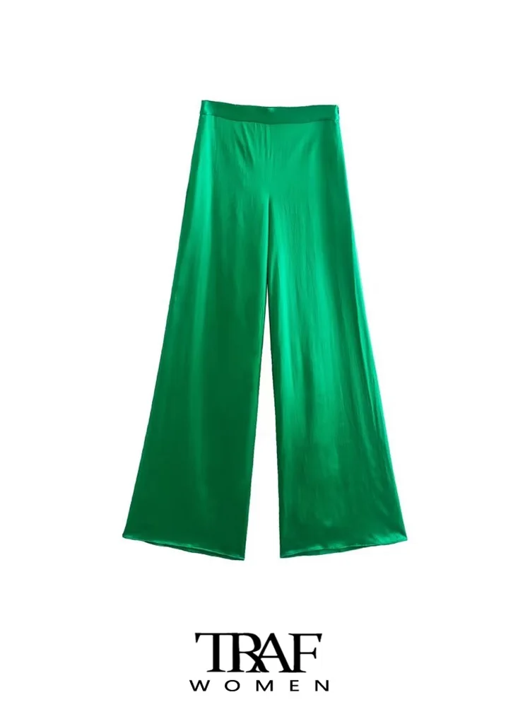 

TRAF Women Fashion Flowing Satin Straight Pants Vintage High Waist Side Zipper Female Trousers Mujer