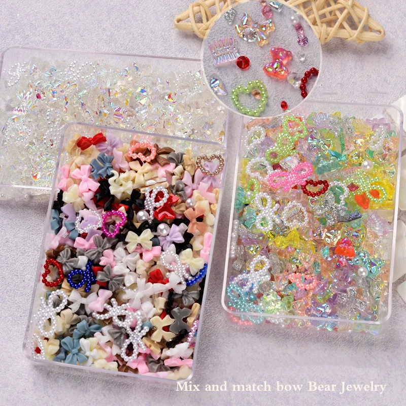 

Mixed Styles Nail Jewelry Butterfly Pearl Beads Rhinestone 3D Decorations Metal bow-knot Aurora Bear Crystals For Nails Design