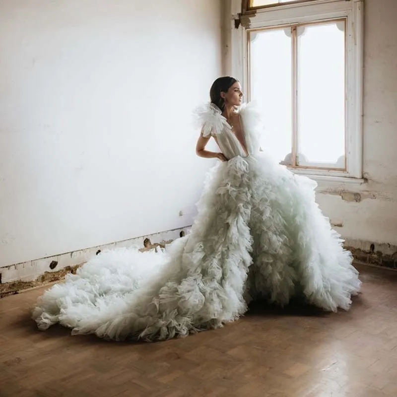 

Light Mint Green Fluffy Tiered Tulle Bridal Dresses Criss Cross Elastic Back Puffy Tulle Ball Gowns Deep V-neck Women Dresses