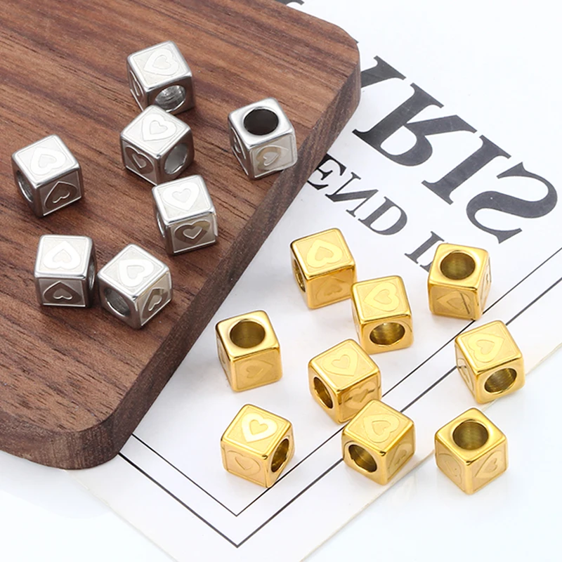 New Fashion Square Heart Beads For Jewelry Making Stainless Steel DIY Couple Necklace Bracelet Pendant Vacuum Plated 18k Gold