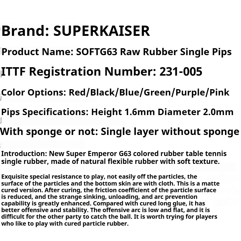 Накладка для настольного тенниса SUPERKAISER Ping Pong Rubber, с шипами наружу, матовая, цветная, с эффектом OX, непредсказуемое падение мяча и защита от вращения, долговечная (art.: 3920d4e516e01) - 3920d4e516e01