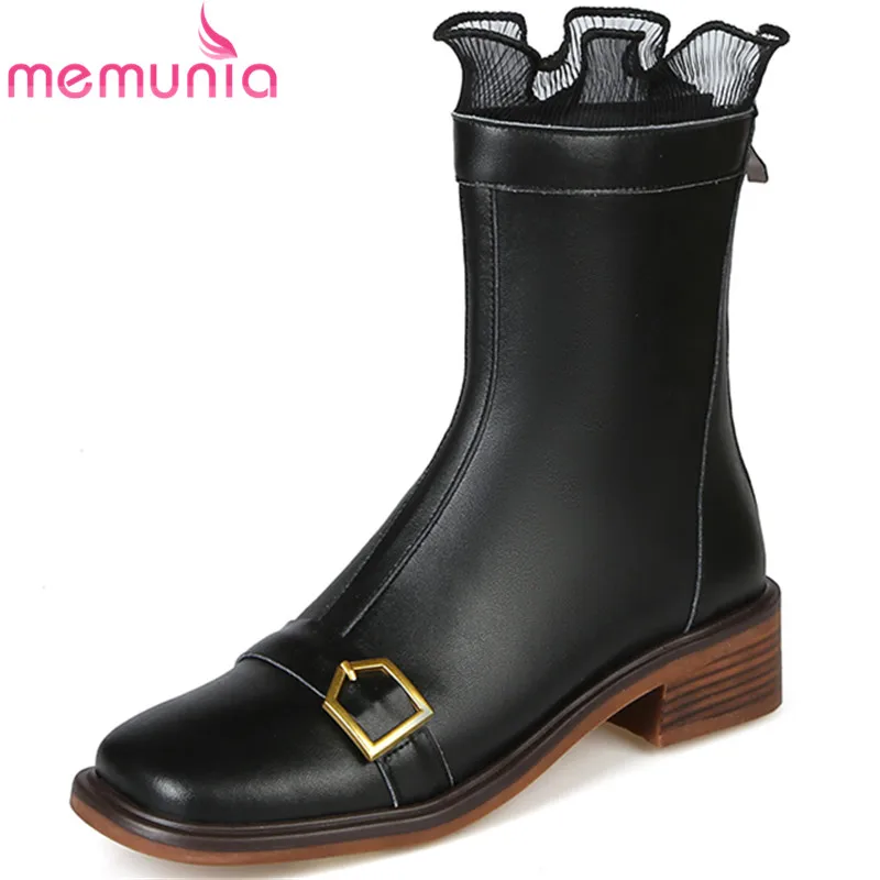 

MEMUNIA 2022 New Arrive Zipper Square Med Heels Shoes Genuine Leather Ankle Boots Woman Modern Ladies Spring Boots