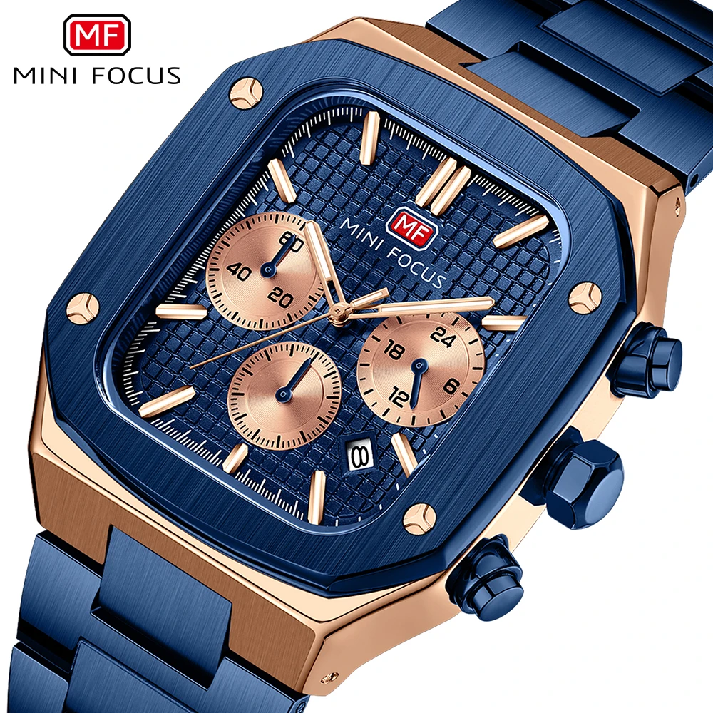 MINI FOCUS-reloj de cuarzo multifunción para hombre, cronógrafo de lujo, luminoso, con subesferas, de acero inoxidable, color oro rosa y azul