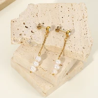 minar korean fashion simulated pearl long tassel earring for women lady gold color stainless steel drop earrings elegant jewelry