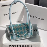 blue colored plaid shoulder underarm bag womens handbag luxury designer crystal shiny rhinestone square bag evening clutch bag