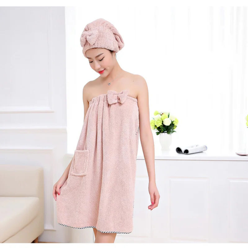 

Women Bath Towel Set Microfiber Bath Towels Quick-drying Cotton Polyester Thick Soft Bath Dress Bathrobe with Hair Dry Cap