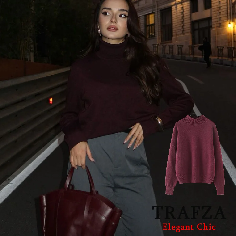 TRAFZA женский бордовый мягкий вязаный свитер базовый с круглым вырезом и длинными