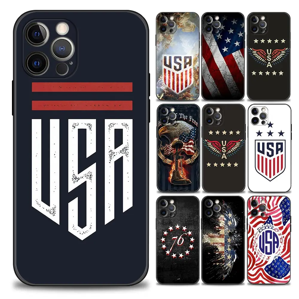 

American USA Flag iPhone Case for 11 12 13 Pro Max 7 8 SE XR XS Max 5 5s 6 6s Plus Black Soft Silicon