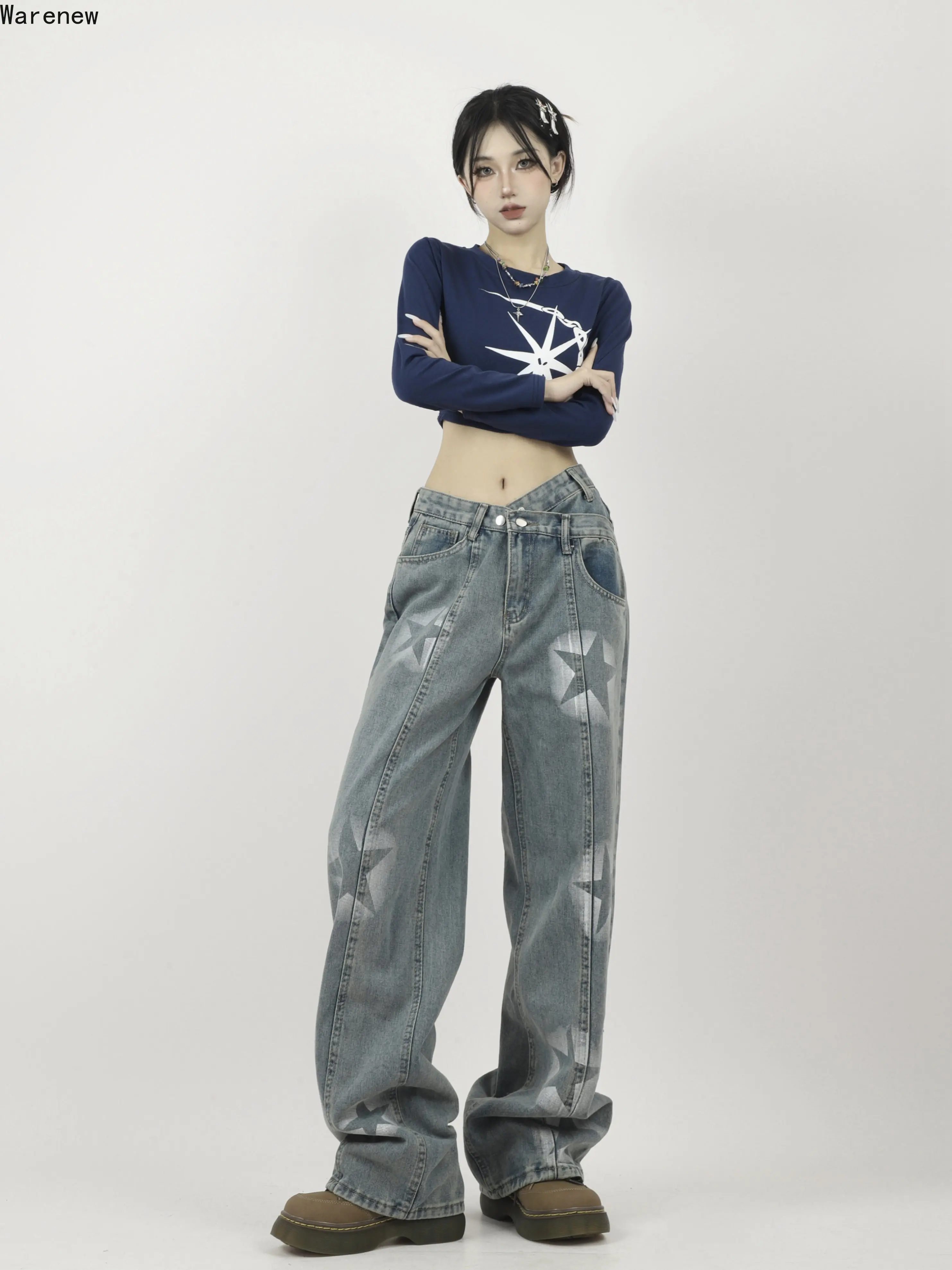 

American Retro High Waist Straight Stars Print Jeans Pants Women Casual Baggy Y2K Wide Leg Grunge Streetwear Style Denim Trouser