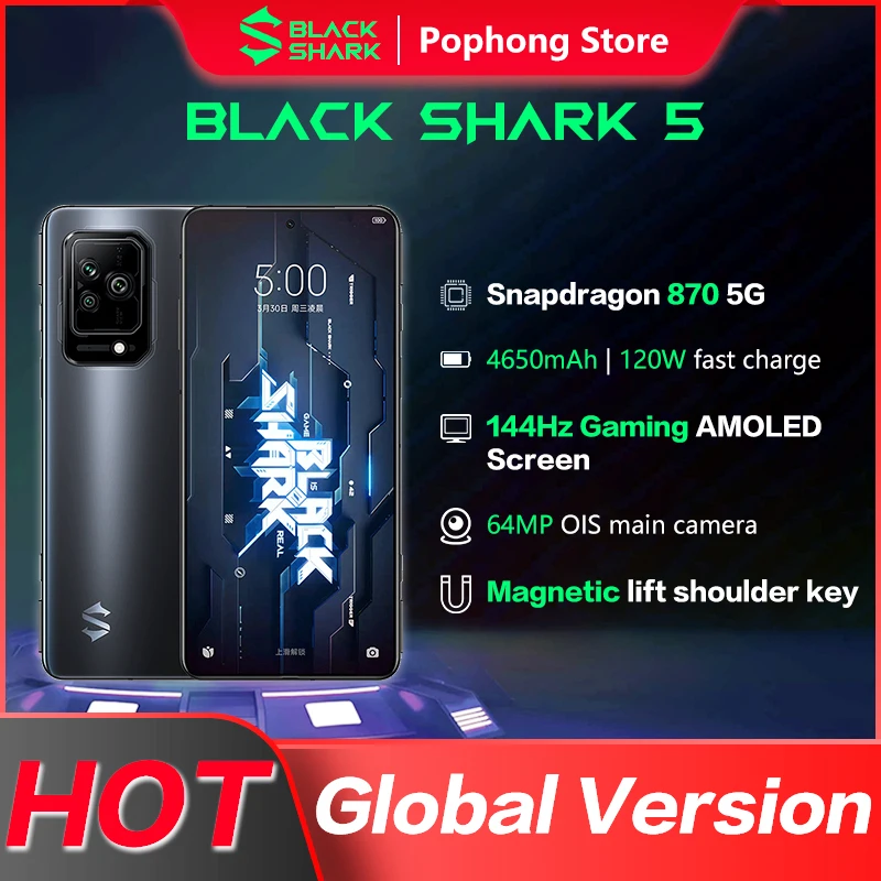 Global Version Black Shark 5 Gaming MobilePhone 6.67 inch E4 144Hz AMOLED Snapdragon 870 Octa Core 64MP Triple Cameras