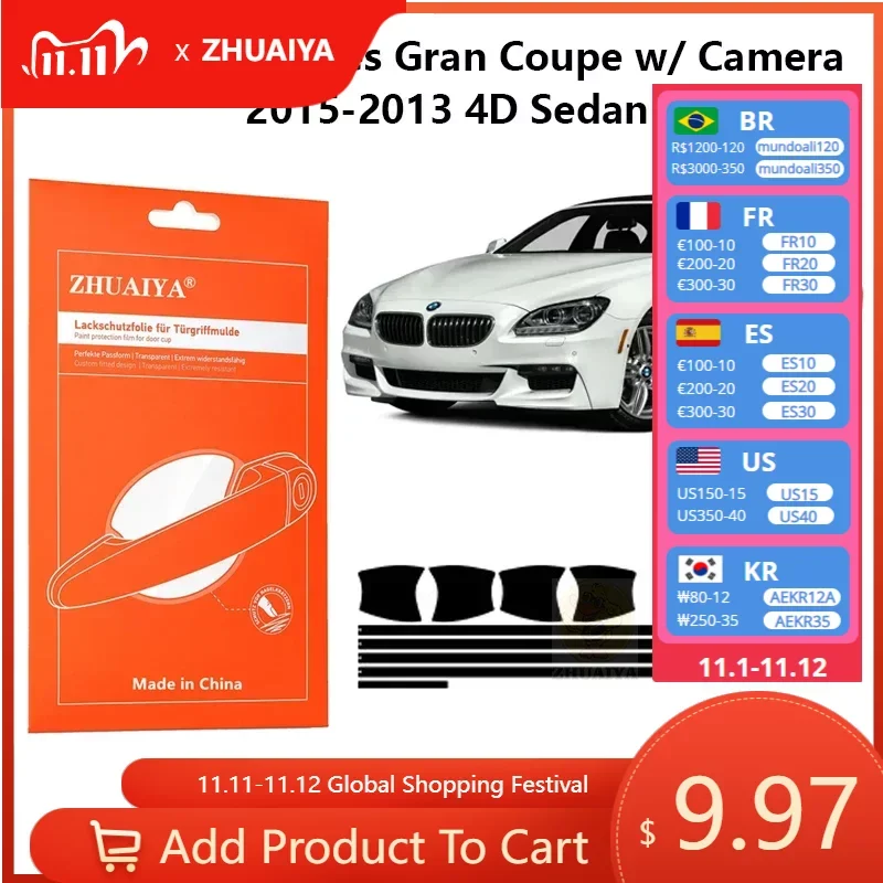 

Защитная пленка ZHUAIYA для красок дверной ручки, ТПУ PPF для BMW 6 серии Gran Coupe w/ Camera2015-2013 4D Седан