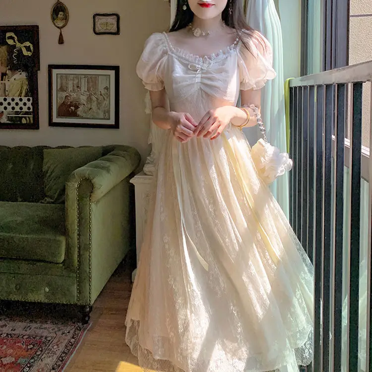 

Summer Vintage Sweet Kawaii Princess Fairy Dress Women French Elegant Apricot Bow Party Dresses Female Mori Girl Cute Clothes