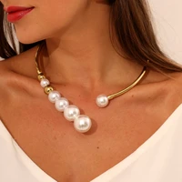 minar exaggerated imitation pearl c shape chokers necklaces for women femme gold color alloy beads open necklace party jewelry