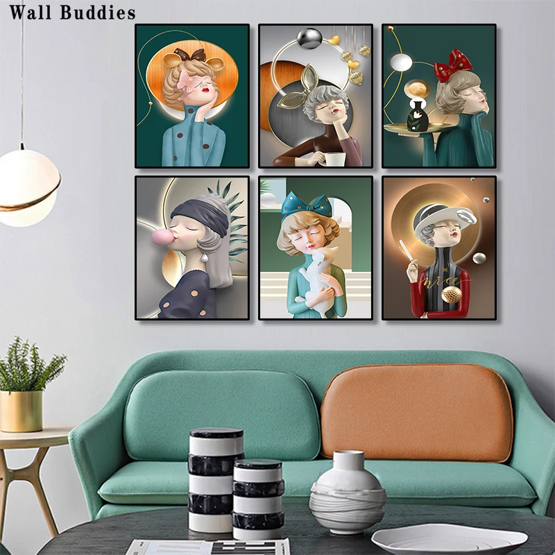 

Nordic Light Luxury Art Aesthetic Modern Girl Bubble Blowing Poster Printed Canvas Children's Lovely Room Photo Wall Decoration