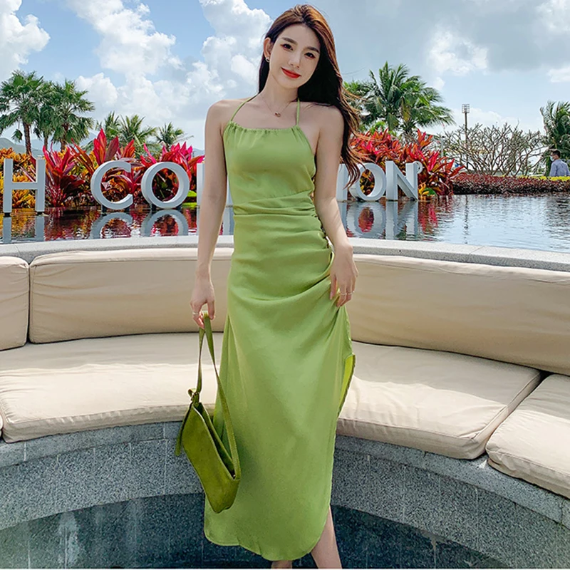 

2 Colors Summer Midi Satin Halter Dress Women 2022 Long Slim Elegant Bodycon Formal Wrap Dresses for Wedding Guest Birthday Prom