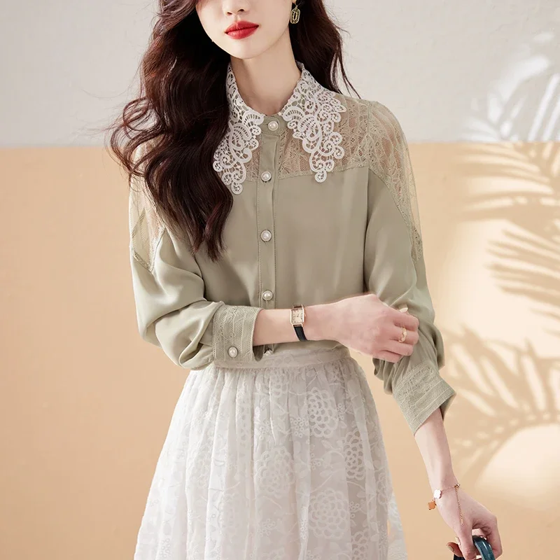 

Chiffon Solid Women's Shirts Lace Patchwork Casual Blouses Spring/Summer Clothing Loose Fashion Long Sleeves Tops YCMYUNYAN