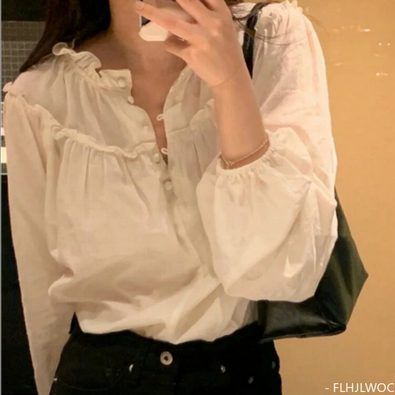 

2023 Ruffles Tops Basic Shirts Blouses Women Fall Autumn Basic Retro Vintage Solid Chic Japan Korea Clothes Design Blusas