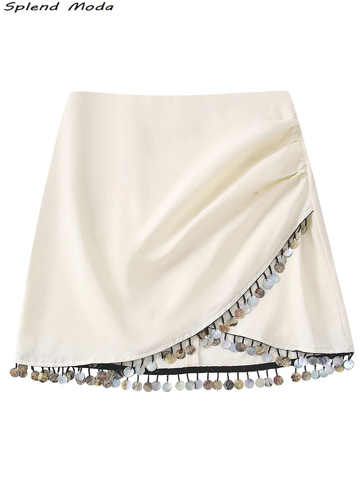 

2022 ZA Fashion Summer Young Style Linen Mini Skirt Women Streetwear Chic High Waist Beaded Short Skirts Female Faldas De Moda