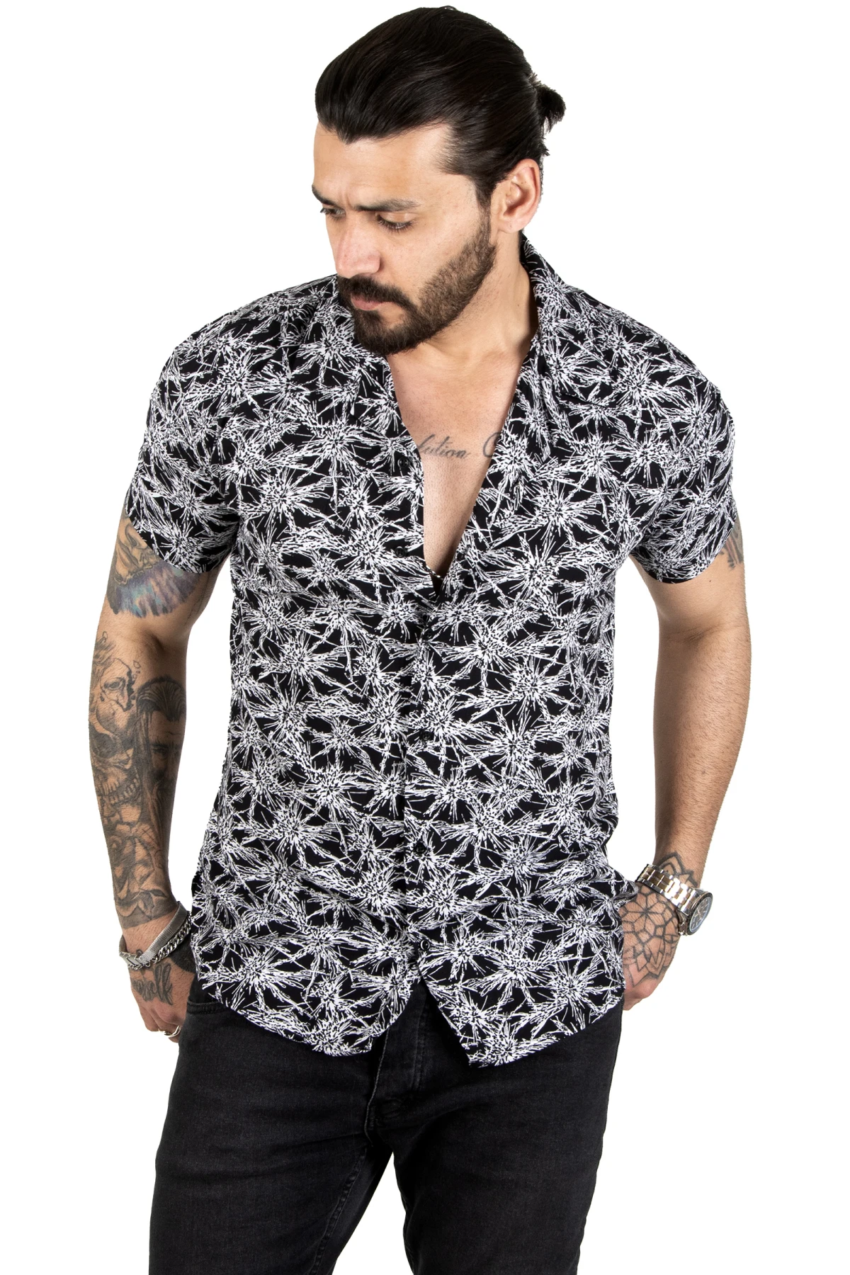 

DeepSEA loose collar patterned lycra buttoned short sleeve men's shirt 2201892