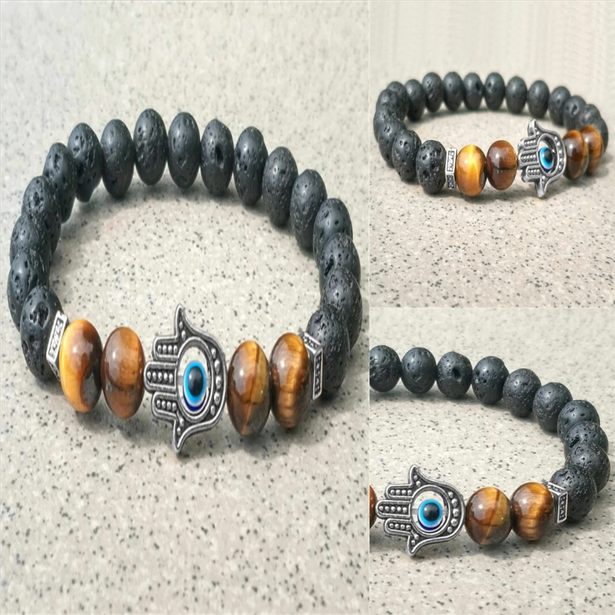 Серебристый браслет с вулканическими камнями в виде тигра 8 мм эластичный модный