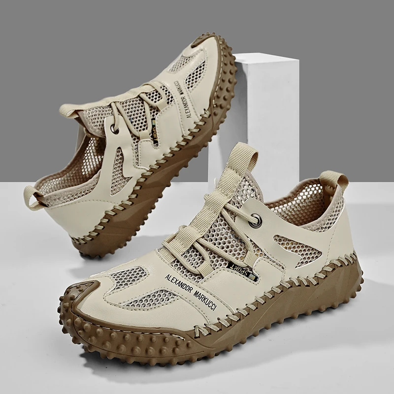 

HKAZ-S Men's Popular Fashion Large Sport Casual Leather Mesh Panel Mountaineering Sandals Breathable and Comfortable Flat Bottom
