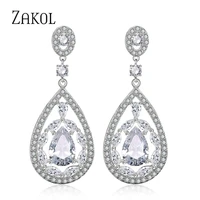 zakol classic micro pave aaa cz stone dangle earrings for women hollow water drop shape wedding bridal jewelry fsep673
