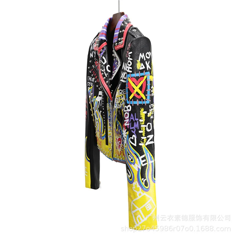 European And American Fashion Women'S Leather Clothing, Printing, Graffiti, Rivet, Rock Punk Motorcycle Suit, Personality, Slim, enlarge