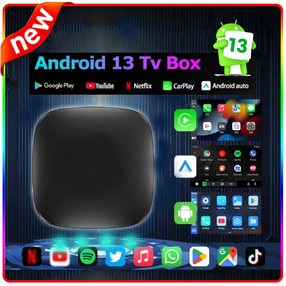 Фото Android 13 Carplay AI Box Беспроводная Android Auto Smart TV Box для Youtube Netflix Toyota Mazda Hyundai Haval GMC Ford MG VW Kia №1