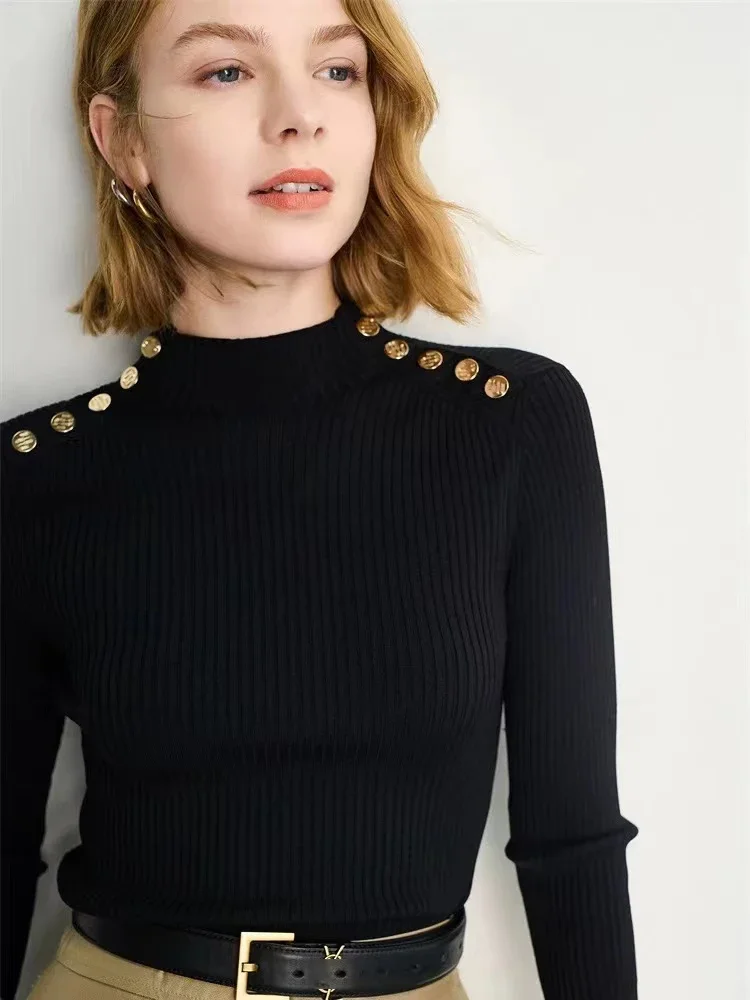 Осень-зима новый модный черный свитер пуловер женский полуводолазка с