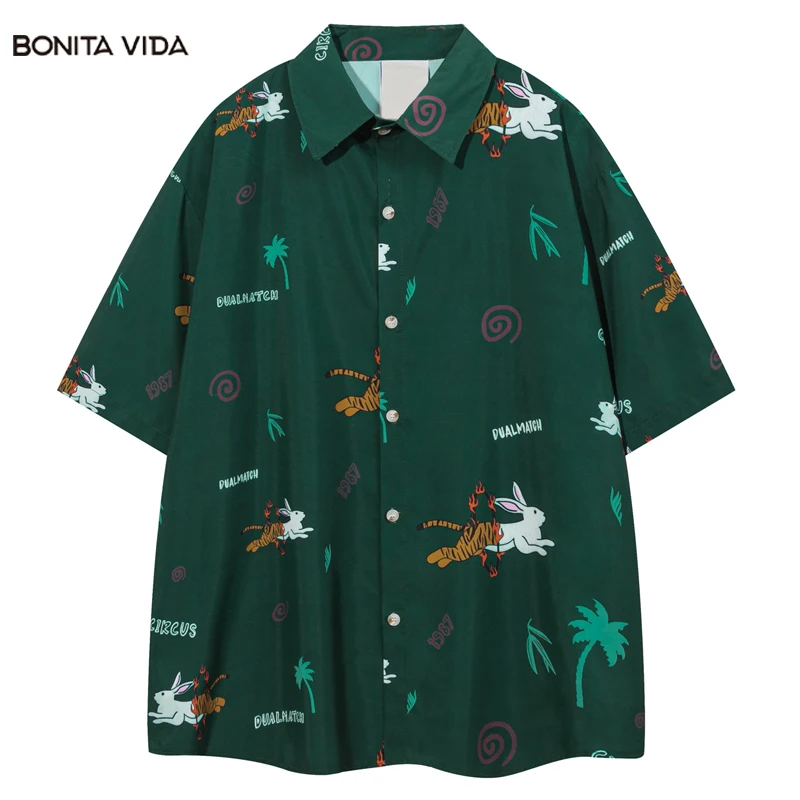 

Hawaiian Shirt Men Y2K Streetwear Funny Rabbit Tiger Print Short Sleeve Button Up Beach Shirts Summer Loose Aloha Shirts