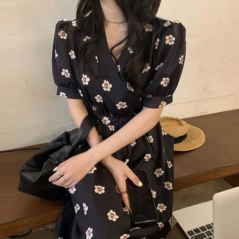 

E GIRLS Women Cross V neck Floral Folds Waist Puff Sleeves Dress 2022 Korean Summer French Retro Large Swing Dresses Female
