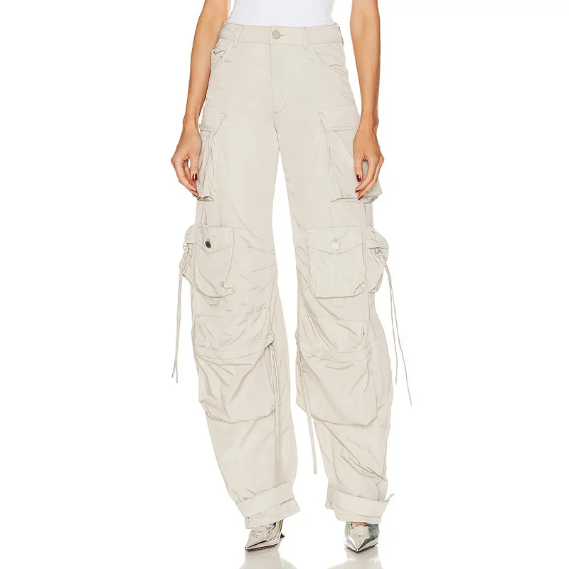 

Женский свободный комбинезон с высокой талией, модельные повседневные серые и белые брюки-карго с множеством карманов для ранней осени, 2023