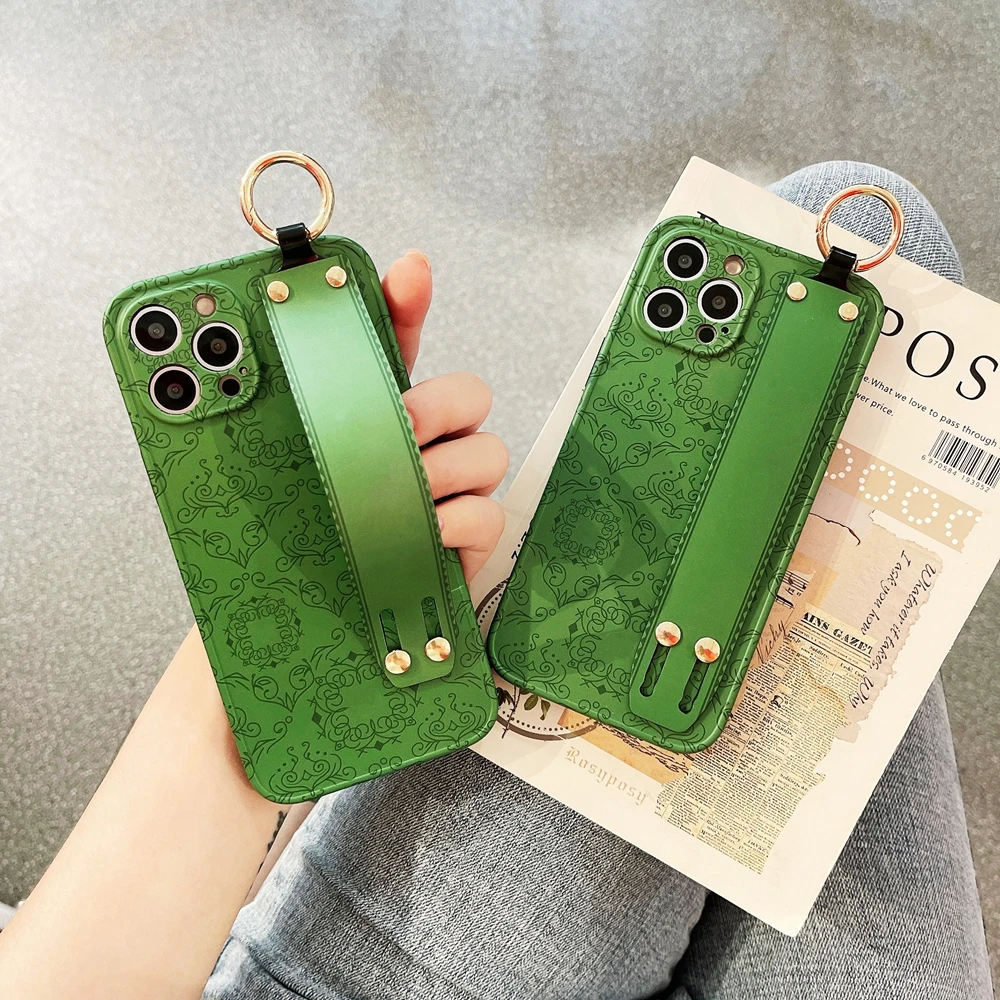 

for iPhone 13 Pro Max Case Fashion Green Flower Wrist Belt Hand Strap Holder Wristband for iPhone 12 Pro 11 XS XsMax X XR Cover