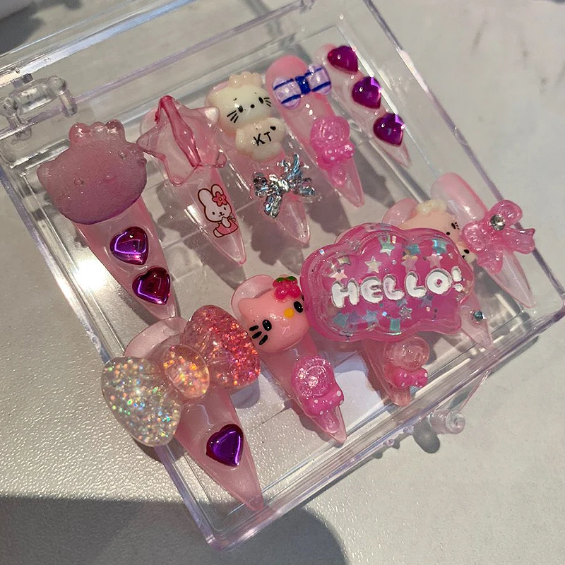 

Sanrio Hello kitty Y2K Hot Girl Fake Nail Stickers Fudge Harajuku Style Handmade Manicure Reusable Nail Stickers