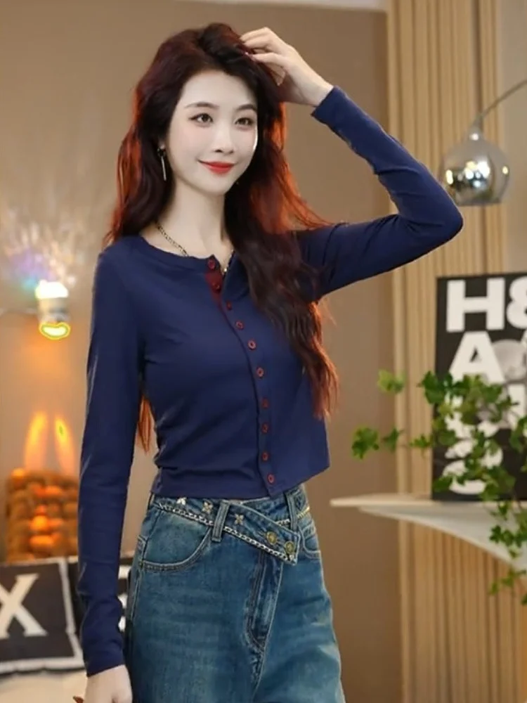 This Year's Popular Contrast Color round Neck Single-Breasted Long sleeves Shirt Women 2024 Autumn New Western Sle Slimming...