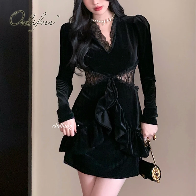 

Женское бархатное платье Ordifree, Черное вечернее мини-платье с длинным рукавом и рюшами, весна-осень 2023