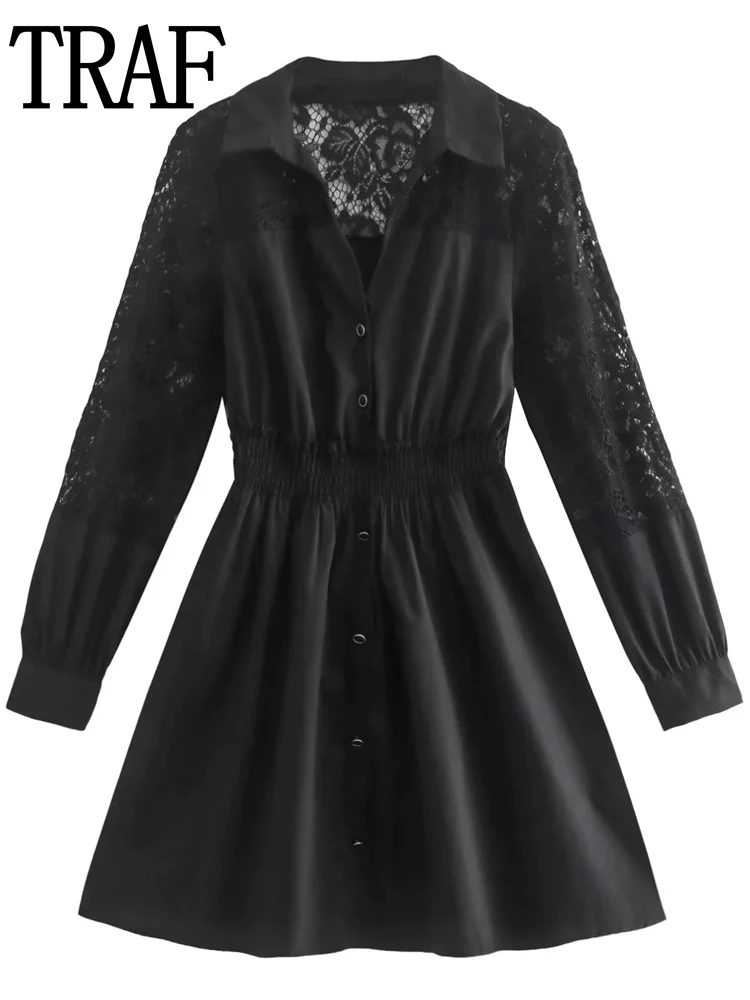 

TRAF Black Lace Mini Dress Woman Long Sleeve Elegant Party Dresses Women Ruched Shirt Dress Button Up Casual Short Dresses