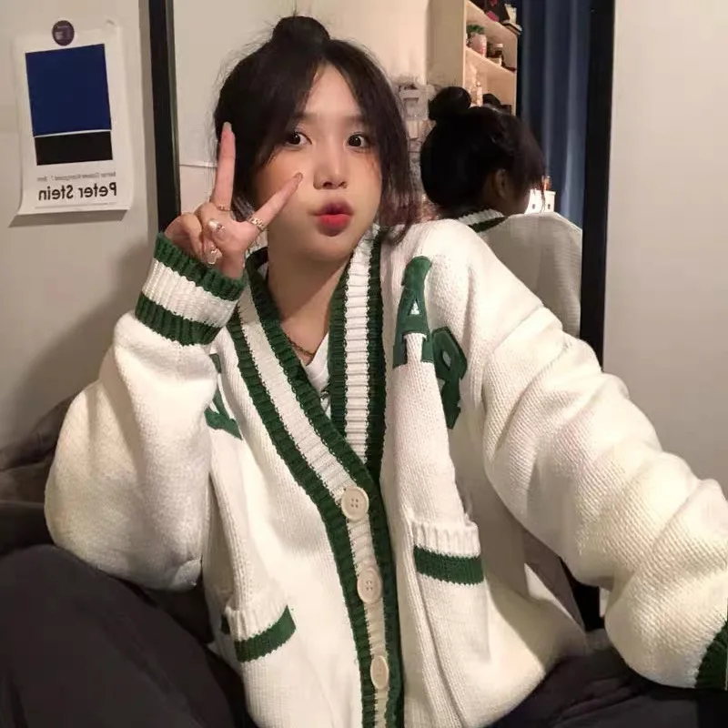 

Женский винтажный трикотажный кардиган оверсайз с длинным рукавом и V-образным вырезом