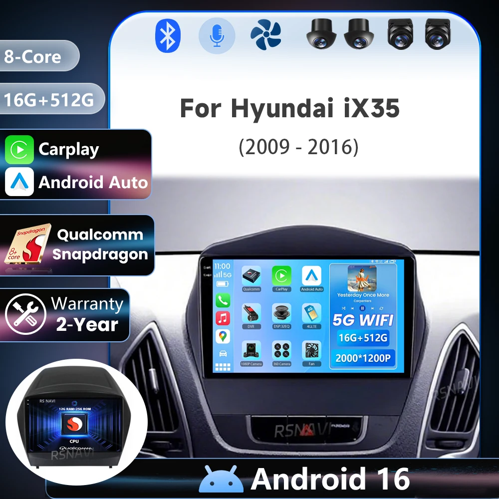 Фото Автомагнитола Android 16 Qualcomm Carplay Auto для Hyundai Tucson 2 LM IX35 2009-2015, мультимедийный плеер, стереосистема №1