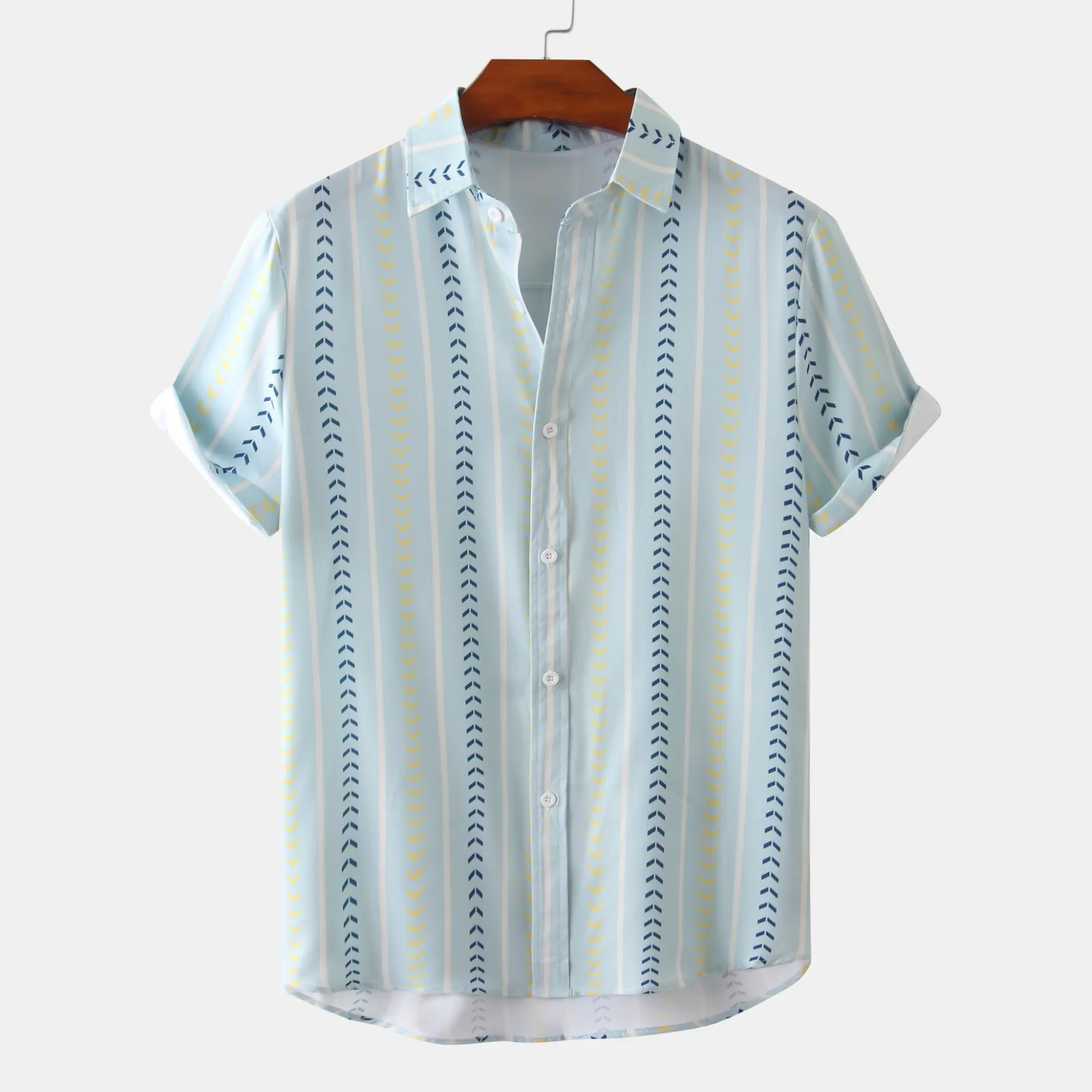 

Men T Shirts White Male Summer Casual Striped Print Shirt Short Sleeve Turn Down Collar Shirt