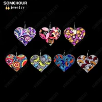 somehour african ethnic fabric print lovely heart wooden drop earrings afro tribal art craft bohemian dangle jewelry for women