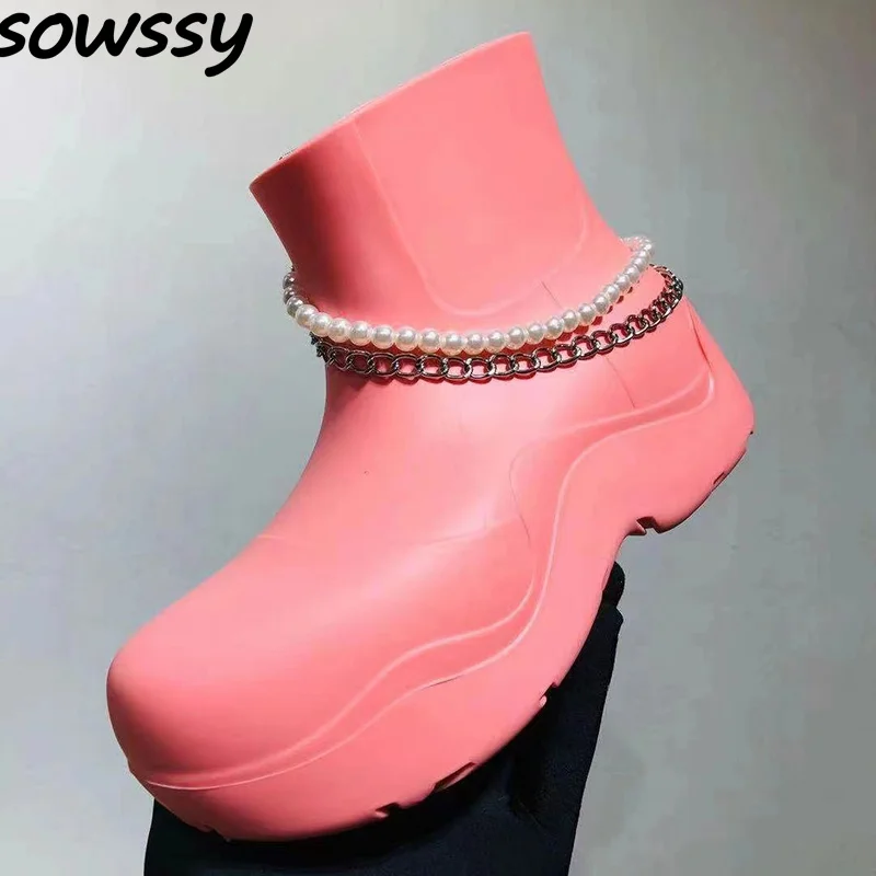 Женские резиновые ботинки с жемчужной цепочкой Нескользящие водонепроницаемые