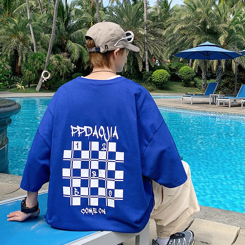 

Клетчатые хлопковые футболки с графическим принтом, мужские летние модные тренды, свободная уличная одежда большого размера, мужская одежд...