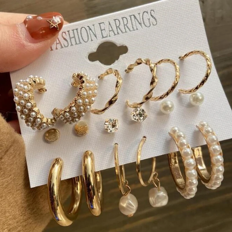 

2022 New Women's Ear Jewelry C-shaped Temperament Simulated Pearl Pendant Earrings Triangle Metal Stud Earrings 9Pcs