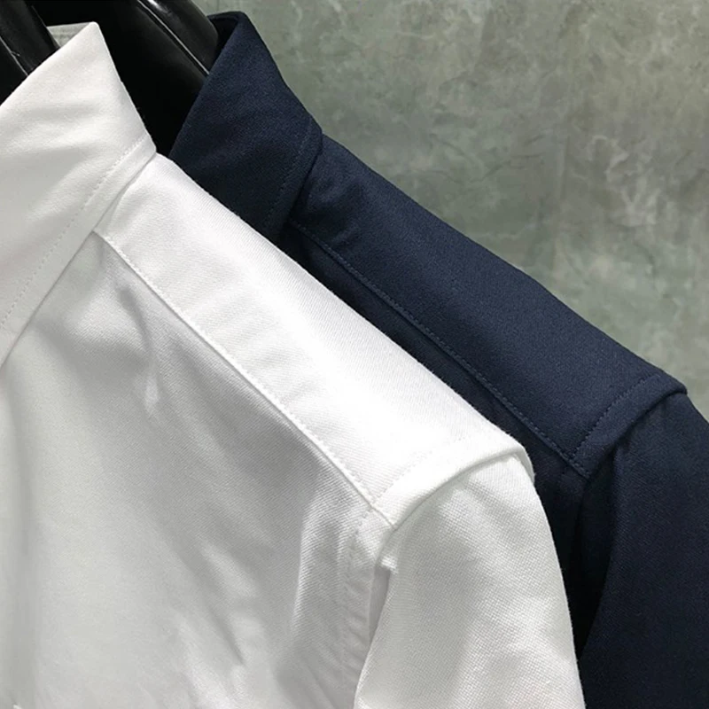 TB THOM Summer Shirt Fashion Brand Short Sleeve Animals Embroidery 4-bar Striped Men's Shirt Cotton Oxford Wholesale TB Shirt