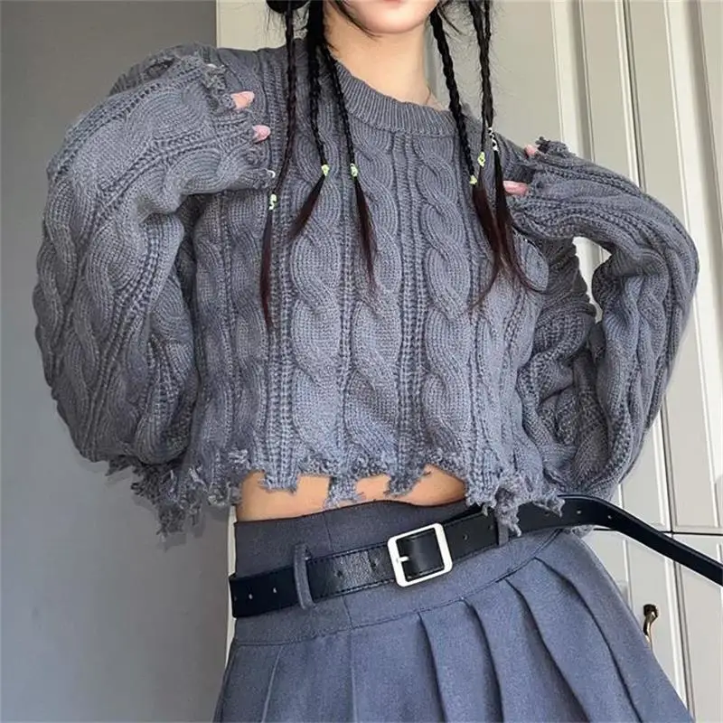 

Женский свитер в винтажном стиле, свободный короткий вязаный джемпер с круглым вырезом и прорезями, в студенческом стиле, уличная одежда, ос...