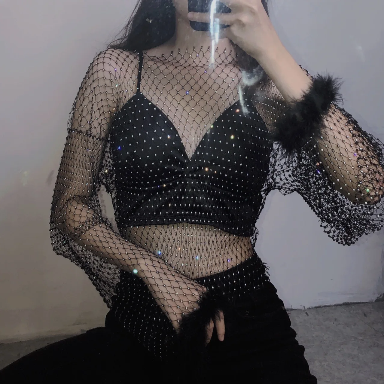

Women's Fishnet Shirts Y2K Long Sleeve Fluffy Feather Fur Crop Tops Crystal Rhinestone Sexy Club Party T-Shirt Streetwear Tee