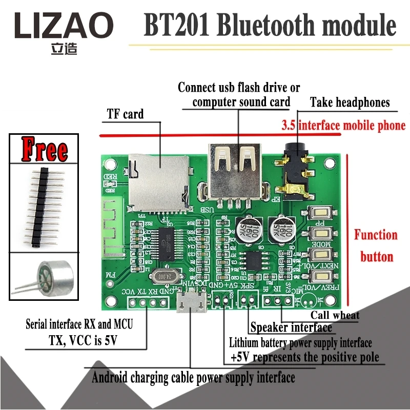 Фото Аудиомодуль Bluetooth LIZAO BT201, многофункциональная плата MP3-плеера с интерфейсами TF/USB/3,5 мм и функцией вызова №4